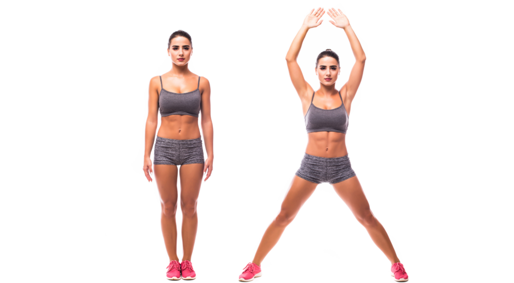 Woman demonstrating jumping jacks.